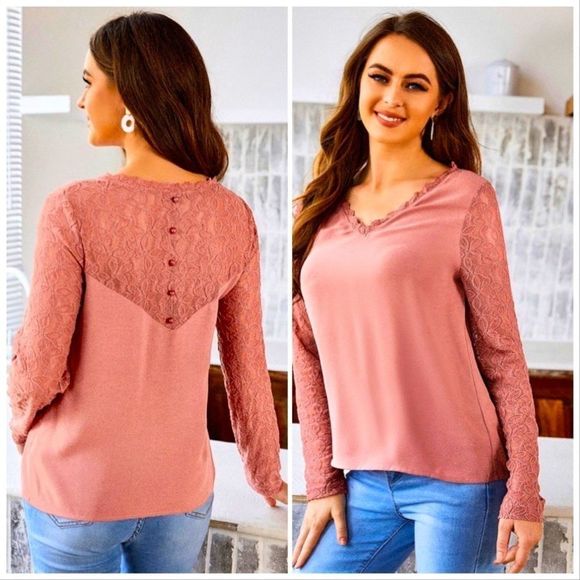 NWT! CONTRAST LACE V NECK TOP IN CORAL PINK! - Picture 4 of 9